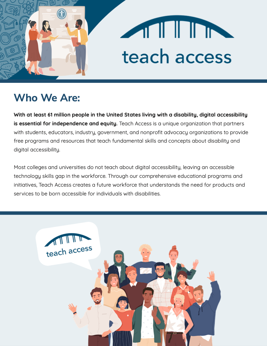 Individual 2025 Case for Support, explaining who Teach Access is and a graphic of a group of individuals waving.